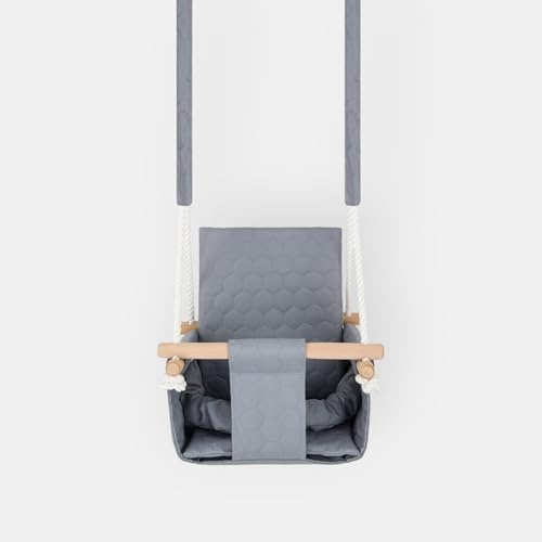 Nido mágico columpio bebé seguro exterior interior – Asiento de tela impermeable con cinturones – Madera natural – 9 meses – 3 años – Carga 20 kg – Gris claro