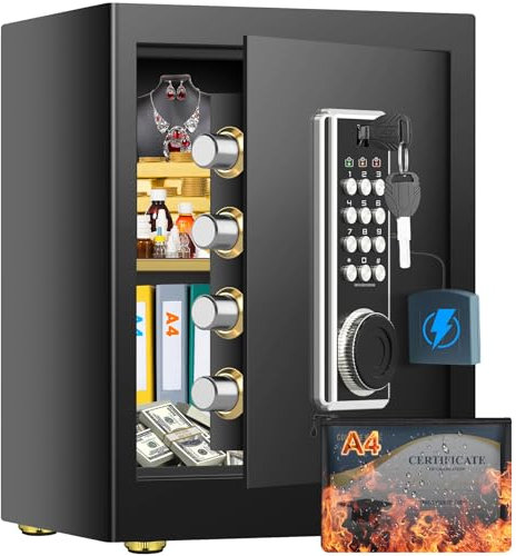 45L Großer Feuerfester Tresor Safe mit Feuersichere Dokumententasche, Digitaler Möbeltresore mit 2 Schlüssel & Herausnehmbarem Regal, Elektronischer Tresor für DIN A4 Ordner Bargeld Medikamente