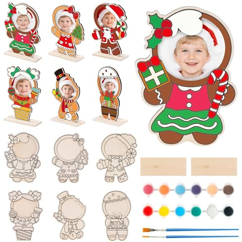 CJiangpo Lot de 24 cadres photo en forme de bonhomme en pain d'épices pour enfants, colorez votre propre cadre photo en bois à faire soi-même, peinture de Noël, artisanat pour Noël, salle de classe