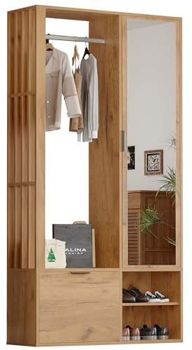 Hennhari Porte-vêtements avec Banc à Chaussures, Porte-Manteau avec Miroir, Meuble d'entrée avec Tringle, Étagère à Manteaux/Chapeaux/Sacs (Couleur Bois)