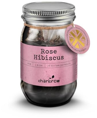 Charbrew Rose Hibiscus Tea - 16 Fine Mesh Pyramid Teabags with String & Tag in Reusable Glass Mason Jar | Premium Herbal Tea Blend with Rosehips, Hibiscus & Rose Petals