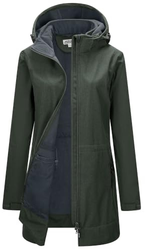 Outdoor Ventures Damen Softshelljacke Wasserdichte Lange Softshellmantel | Fleece Gefütterte Übergangsjacke, Winddichte Windbreaker, 2-Wege Reißverschluss Winterjacke, Regenjacke, Jacke mit Kapuze