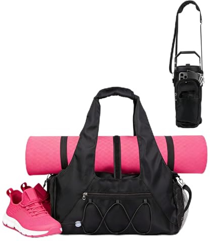 Sporttasche für Damen mit Wasserflasche,Groß Reisetasche mit Schuhfach & Nassfach,Workout-Yoga-Tragetasche, Yogatasche Freizeit Handtasche Schwimmtasche Schwarz