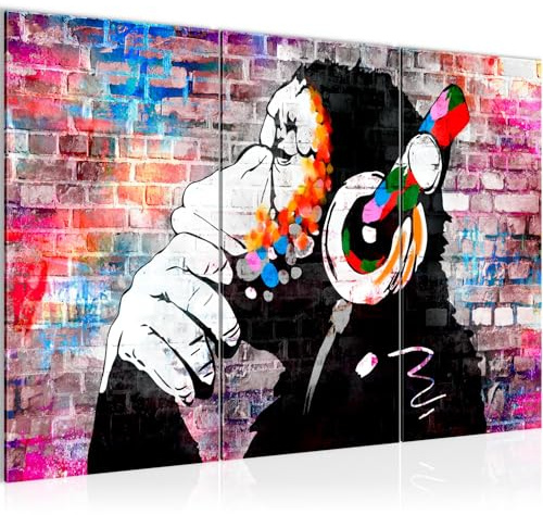 Runa Art Wandbilder Street Art Bild XXL Wohnzimmer Schlafzimmer Büro Affe mit Kopfhörer Blau 120 x 80 cm 3 Teilig 061331a