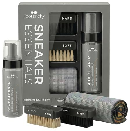 Footarchy Sneaker Cleaner Set 150ml | Schuhreiniger Komplettset | pH-neutraler Reinigungsschaum, 2 Bürsten (weich/hart) & Mikrofasertuch für Leder, Stoff, Canvas, Gummi & Synthetik