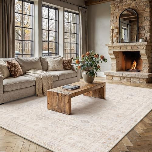 PureCozy Teppich Wohnzimmer 200x300cm Waschbarer Vintage Tepich,Hellbeige | Wohnzimmerteppich,Kurzflor Rutschfest,Weich Groß XXL Carpet,Leicht,Schlafzimmer, Esszimmer,Büro