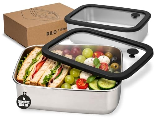Lunchbox Edelstahl 1100 ml mit Glasdeckel - stapelbare Meal Prep Box Blau | Glasdeckel, stapelbar, Meal Prep, auslaufsicher, Büro, Picknick, mikrowellengeeignet, robust