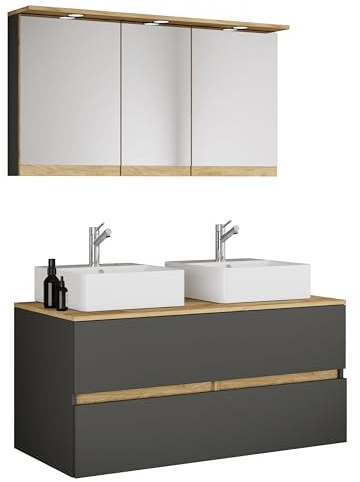 VCM 4-TLG. Doppelwaschtisch Cosila mit 2 Keramikbecken – Badschrank H. 51 x B. 111 x T. 51 cm mit 2 Softclose-Schubladen, Spiegelschrank mit Beleuchtung & Steckdose, Waschplatz Set Cosila-A