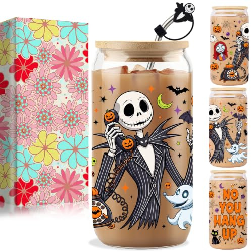 Halloween Glass Cups for Women Nightmare Christmas Tumbler with Lid Straw | 16 Oz Coffee Mug Spooky Party Supplies for Kitchen Gift Nightmare Before Halloween Table Decorations