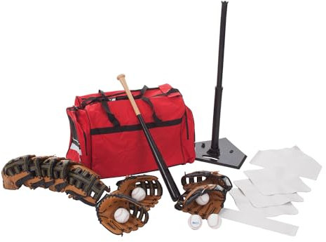 Sport-Thieme Baseball Set Schule II | Komplettset für Training u. Freizeit | 5 Teebälle 1 Schläger 10 Handschuhe 1 Batting Tee 1 Base Set 1 Tasche | Schwarz Rot | Für Gruppen