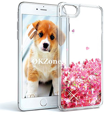 OKZone Case for iPhone 6S/iPhone 6 Case Glitter [with HD Screen Protector], Fashioin Flowing Liquid Sparkly Bling 3D Glitter Design TPU Protective Case for iPhone 6S/iPhone 6 Inch (Red Heart)