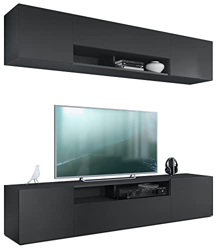 Vladon Wohnwand Mogan, Schwarz matt/Schwarz matt - Moderne Anbauwand bestehend aus 2 TV-Boards (181 x 147 x 35 cm)