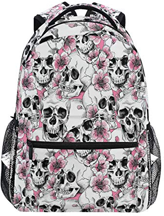 Rucksack mit Totenkopf-Motiv, rosa Sakura-Blumen, wasserdicht, Schultasche, Turnbeutel, Laptop-Tasche, Outdoor-Reisetasche für Kinder, Jungen, Mädchen, Damen, Herren