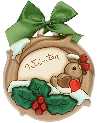 THUN, Formella Winter, Formella in Ceramica Decorata a Mano con Pettirosso, 16.3x3.9x15.6 cm h