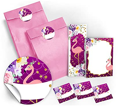 JuNa-Experten 12 Lesezeichen + 12 Mini-Blöcke + 12 Aufkleber + 12 Tüten/Hellrosa Mitgebsel Flamingo Kindergeburtstag Mädchen Gastgeschenke Kinder