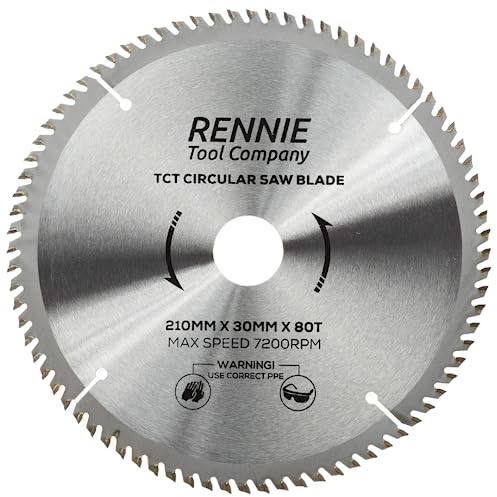 Rennie Tools - 210mm x 30mm x 80T TCT Circular Wood Saw Blade Includes 25mm 20mm & 16mm Bore Reduction Rings. Compatible with Festool Bosch Makita Dewalt Circular Saw Etc, Fits 216mm circular saws.