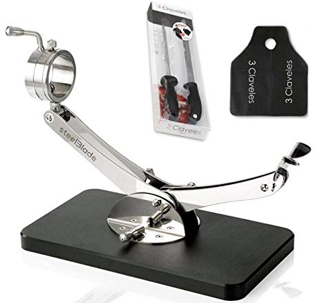 Hidalgo Soporte JAMONERO INOX con Base de Polietileno + Set Cuchillo JAMÓN Y CHAIRA 3 CLAVELES +Regalo Cubre JAMÓN.
