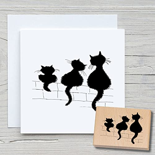 NEWSTAMPS Stempel Drei Katzen Motivstempel groß aus Holz & Gummi zum Karten basteln, Holzstempel, Tiere, Tierstempel, Scrapbook, Textilstempel, Deko, Kinder