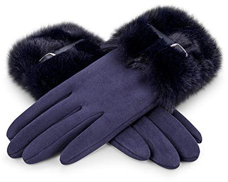 Rose Black Damen Elegant Wildleder Handschuhe mit Fell- Feinste Auswahl (Blau)