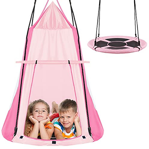 DREAMADE Balançoire Nid d'Oiseau Ø100CM avec Tente Amovible,Balançoire Extérieur Hauteur Réglable 100-180CM pour Enfants et Adultes,Siège Suspendu Charge 150KG pour Jardin,Salon,Caming (Rose)
