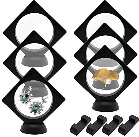 QUMENEY 6 x 3D-Münzenständer, Schweberahmen schwarz, Präsentationsständer mit Basis, Schaukasten für Schmuck, Münzen, Medaillons (90 x 90 cm)
