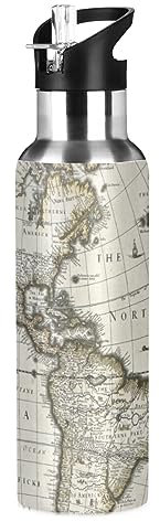 Poeticcity Ancient America Old Map with Greenland Insert Map Stainless Steel Water Bottle, Leak-Proof Vacuum Hot Cold Insulated Travel Mug, Double Walled with Handle Thermo Cup Bottle 20 Oz