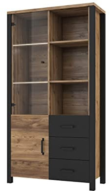 Furniture24 Vitrine OLIN 13 Wohnzimmerschrank 2 Türiger 3 Schubkladen Appenzeller Fichte/Schwarz matt Vitrinenschrank Schrank (mit Beleuchtung)