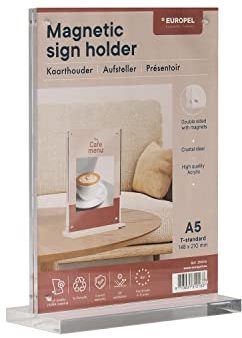 EUROPEL, Luxe A4 Tischständer, T-Ständer, mit Magneten, Hochformat, Acryl, Speisekarten & Prospekthalter für Restaurant, Hotel, Konferenz & Empfang, Freistehend & Beidseitig Nutzbar
