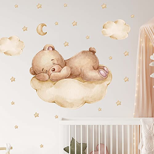 WANDKIND Bär auf der Wolke Wandtattoo Kinderzimmer V346 | handgezeichnet | AUFKLEBER Kindergarten | Wandsticker Teddybär mit Sterne Teddy BRAUN (40 x 40 cm)