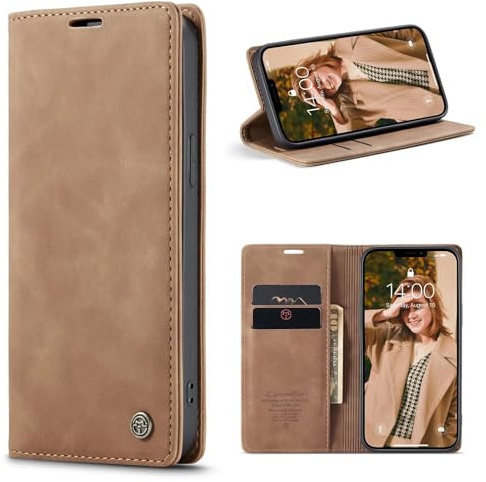 CaseMe Hülle für iPhone 13 Vintage Dünne Handyhülle mit Kartenfach Geld Slot Ständer PU Ledertasche Flip Schutzhülle für iPhone 13- Braun