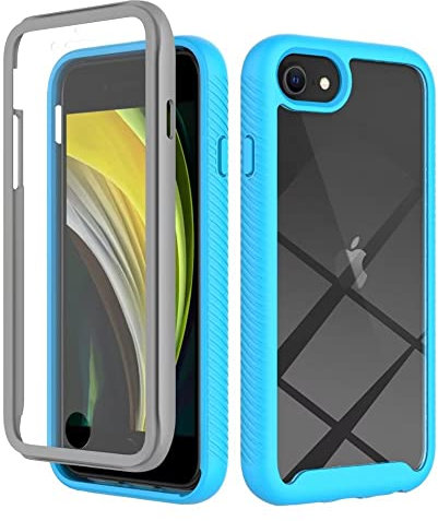 Dfjhure for iPhone SE 2022 / iPhone 8/7 Case Built-in Screen Protector Full Body Shockproof Protection Cover tylish Bumper Transparent Back Phone Case Cover - Light blue