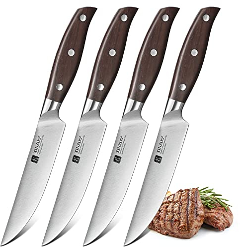 XINZUO Set de 4 Couteaux à Steak Acier Inoxydable 1.4116 Allemand, 12.7cm Couteaux de Tables Tranchants Couteau Viande de Table, Lot de 4 Couteau de Cuisine -Coffret Cadeau-Red Sandalwood Poignée