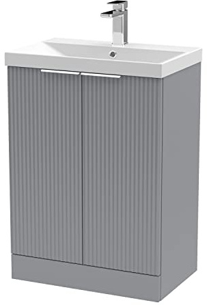 Hudson Reed DFF225D Fluted Modern Bathroom Floor Standing 2 Door Vanity Basin Unit with Thin-Edge Ceramic Basin, 600mm, Satin Grey