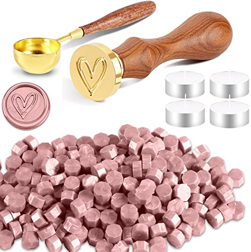 Foonii 200 Stück Siegelwachs Perlen Set Wachssiegel Stempel mit 1 Siegelstempel, 1 Schmelzlöffel, 4 Teelichte | Siegellack Perlen Set für Umschlag/Einladungen/Karten/Geschenk (Herz,Hellrosa)
