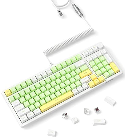 AJAZZ 96% Hot-swappable Gasket Mechanical Gaming Keyboard with Custom Coiled USB C Cable, Triple Mode 2.4G/BT5.1/ Wired 99Keys + Knob, 4000 mAh,White Backlit with PBT Keycaps (Green- Brown Switch)