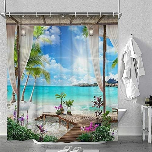 Duschvorhang 180x200 Sonniger Strand Duschvorhang Palme Badezimmer Vorhang Antischimmel Wasserdicht 3D Effekt Duschvorhänge für Badewannen Textil Polyester Stoff mit Haken