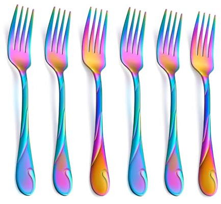 Seeshine Regenbogen-Salatgabel-Set, 17,5 cm, Edelstahl, Regenbogen-Dessertgabeln, 6-teilig, glänzende Regenbogen-Metall-Kuchengabel, schillerndes Besteck-Set, spülmaschinenfest