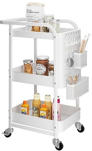 Dripex Storage Trolley on Wheels, 3-tire Metal Storage Utility Cart with 1 Removable Pegboards, 2 Baskets, 4 Hooks, Rolling Storage Trolley for Kitchen, Bedroom, Bathroom, Office, White