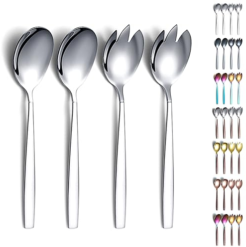 Evanda Cubiertos para servir ensalada, Set de porciones de ensaladas de acero inoxidable, Cuchara de ensalada, Servidores de ensaladas, Tenedor de ensaladas, Paquete de 4