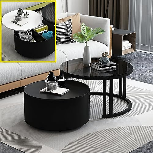 2er-Set Zusammensetzbarer Couchtisch, Moderner Runder Couchtisch Mit Stauraum, Zusammensetzbarer Beistelltisch füR Kleine RäUme, Stapelbare Beistelltische mit Glasplatte und Stabilem Metallrahmen