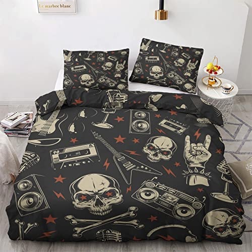 Rock Double Duvet Set - Music Skull Bedding Set - Reversible Quilt Cover & 2 Pillowcases with Zipper and Ties, Ultra Soft and Non Iron Brushed Microfibre Bed Set 200 x 200 J9-&-237