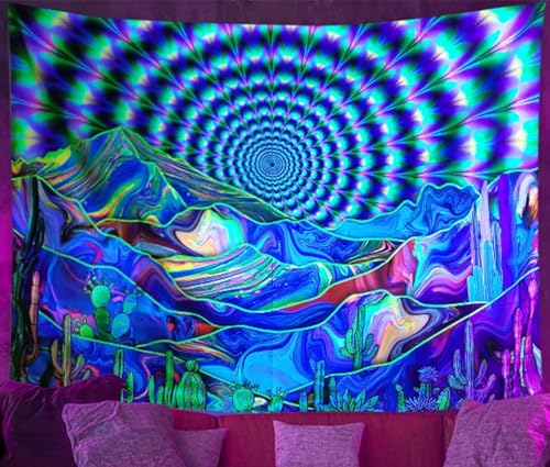 Ulticool – Berge Kaktus Sonne - Glow in the Dark Wandteppich - Schwarzlicht under UV Reaktive Bright Black Neon Light - Blacklight Psychedelisch im Dunkeln Leuchtende Wandtuch - 200 x 150 cm