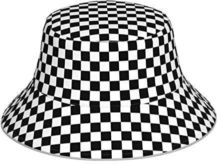 EgoMed Fischerhut, schwarz und weiß mit kariertem Gingham-Karo, kariert, Unisex, Nachtreflektierende Mütze, Läufermütze, Fischerhut, Reisen