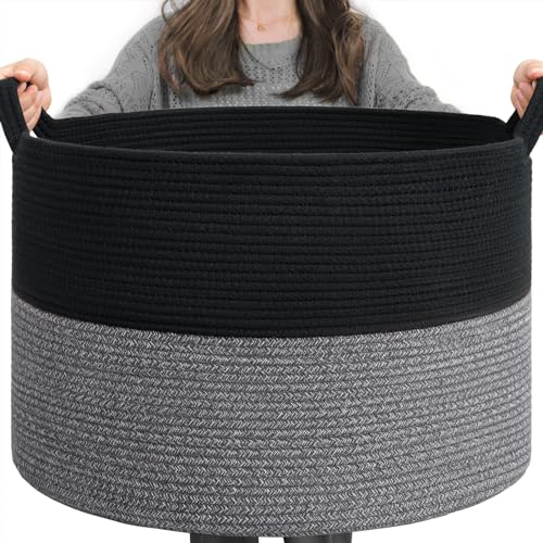 TIMEYARD Aufbewahrungskorb Kinderzimmer, Korb Aufbewahrung, Wäschekorb Kinder, Korb Groß, Körbe für Decken, Baby Spielzeug, Körbe Geflochten, 55x35cm, Schwarz