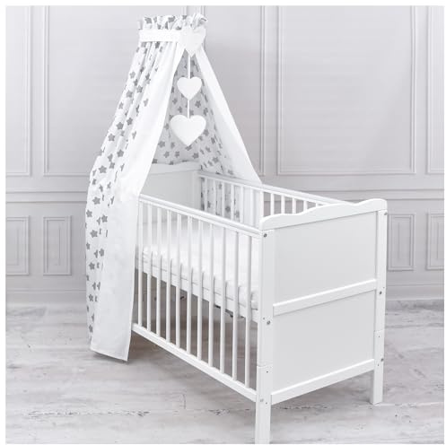 Generisch Baby Delux Babybett Himmel Betthimmel Baumwolle Baldachin für Babybett Kinderbett Wiege Stubenwagen Himmelstange Applikationen Herz Deko (Big Stars White, ohne Himmelstange)