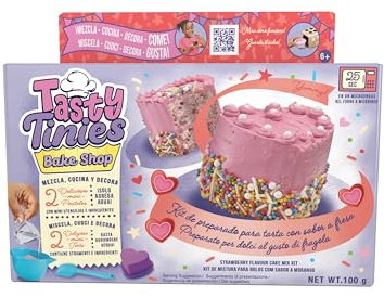 TASTY TINIES - Pastel de Fresa - Kit de Repostería Creativo para Niños desde 6 años - Incluye 2 Preparados para Pasteles, Glaseado Rosa, Decoración de Arcoíris y Accesorios-Cocción en Microondas 25s.