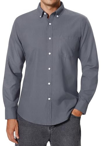 siliteelon Men's Oxford Shirt Long Sleeve Smart Casual Plain Regualr Fit Button Down Shirts with Pockt Grey XL