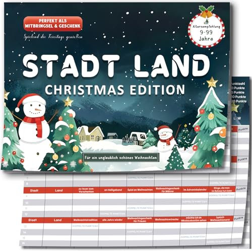 Weihnachtsspiele, Stadt Land Christmas Spiel 2025, Kleinigkeiten für Adventskalender Teenager Junge Mädchen Erwachsene Frauen Männer, Familienspiel ab 9 Jahre, Weihnachten Nikolaus Geschenk Kinder