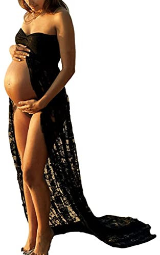 Hperu Robe de Photographie de maternité Robe Maxi Enceinte V Couche Dentelle sans Manches pour Les Femmes Enceintes Noires XL