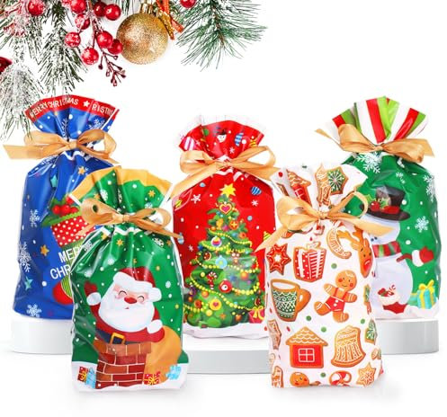 Hianjoo 50 Stück Weihnachten Geschenkbeutel Weihnachtstüte, Kordelzug Geschenktüten, Süßigkeiten Tüten Kekstüten Geschenktüte, Geschenkverpackung Weihnachten